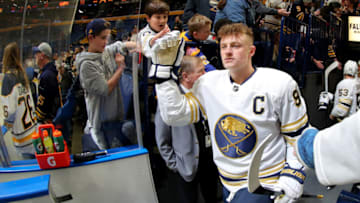 Mar 5, 2020; Buffalo, New York, USA; Buffalo Sabres center Jack Eichel (9) takes to the ice before a game against the Pittsburgh Penguins at KeyBank Center. Mandatory Credit: Timothy T. Ludwig-USA TODAY Sports