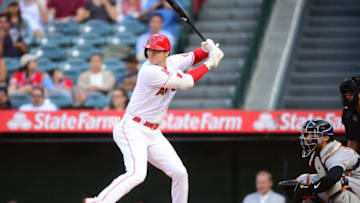 Jun 17, 2021; Anaheim, California, USA; Los Angeles Angels starting pitcher Shohei Ohtani (17) hits against the Detroit Tigers during the first inning at Angel Stadium. Mandatory Credit: Gary A. Vasquez-USA TODAY Sports