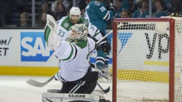Mar 26, 2016; San Jose, CA, USA; Dallas Stars goalie Antti Niemi (31) gloves a shot on goal against the San Jose Sharks in the third period at SAP Center at San Jose. Mandatory Credit: Kenny Karst-USA TODAY Sports