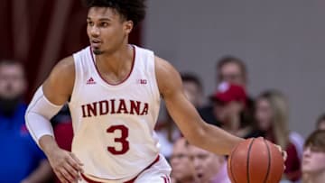 BLOOMINGTON, IN - FEBRUARY 23: Justin Smith #3 of the Indiana Hoosiers brings the ball up court during the game against the Penn State Nittany Lions at Assembly Hall on February 23, 2020 in Bloomington, Indiana. (Photo by Michael Hickey/Getty Images)
