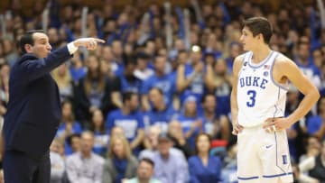 DURHAM, NC - FEBRUARY 04: Head coach Mike Krzyzewski of the Duke Blue Devils talks to Grayson Allen