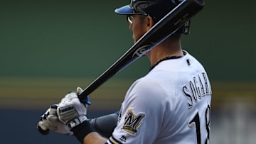 MILWAUKEE, WI - MAY 06: A detailed view of the Franklin batting gloves worn by Eric Sogard #18 of the Milwaukee Brewers during a game against the Pittsburgh Pirates at Miller Park on May 6, 2018 in Milwaukee, Wisconsin. The Pirates defeated the Brewers 9-0. (Photo by Stacy Revere/Getty Images)