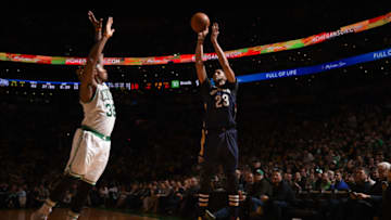 BOSTON, MA - JANUARY 7: Anthony Davis #23 of the New Orleans Pelicans shoots the ball during the game against the Boston Celtics on January 7, 2017 at TD Garden in Boston, Masschusetts. NOTE TO USER: User expressly acknowledges and agrees that, by downloading and or using this photograph, user is consenting to the terms and condition of the Getty Images License Agreement. Mandatory Copyright Notice: 2017 NBAE (Photo by Brian Babineau/NBAE via Getty Images)