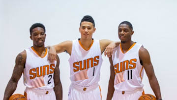 Sep 26, 2016; Phoenix, AZ, USA; (From left) Phoenix Suns guard Eric Bledsoe , guard Devin Booker and guard Brandon Knight pose for a portrait during media day at Talking Stick Resort Arena. Mandatory Credit: Mark J. Rebilas-USA TODAY Sports