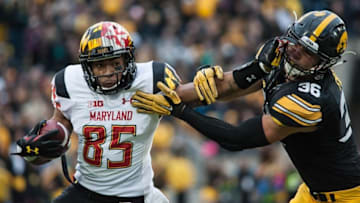 Oct 31, 2015; Iowa City, IA, USA; Maryland Terrapins wide receiver Jahrvis Davenport (85) works for extra yardage as Iowa Hawkeyes linebacker Cole Fisher (36) defends during the second half at Kinnick Stadium. Iowa won 31-15. Mandatory Credit: Jeffrey Becker-USA TODAY Sports