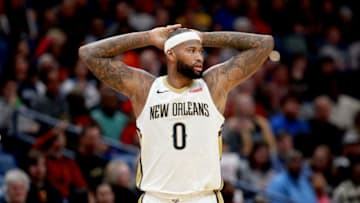 NEW ORLEANS, LA - JANUARY 20: DeMarcus Cousins #0 of the New Orleans Pelicans reacts to a call during the first half of a NBA game against the Memphis Grizzlies at the Smoothie King Center on January 20, 2018 in New Orleans, Louisiana. NOTE TO USER: User expressly acknowledges and agrees that, by downloading and or using this photograph, User is consenting to the terms and conditions of the Getty Images License Agreement. (Photo by Sean Gardner/Getty Images)