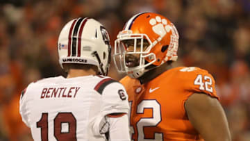 CLEMSON, SC - NOVEMBER 24: Christian Wilkins #42 of the Clemson Tigers reacts in the face of Jake Bentley #19 of the South Carolina Gamecocks during their game at Clemson Memorial Stadium on November 24, 2018 in Clemson, South Carolina. (Photo by Streeter Lecka/Getty Images)