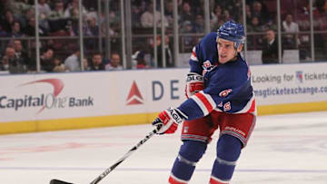 NEW YORK - MARCH 14: Wade Redden #6 of the New York Rangers skates with the puck against the Philadelphia Flyers at Madison Square Garden on March 14, 2010 in New York City. (Photo by Nick Laham/Getty Images)