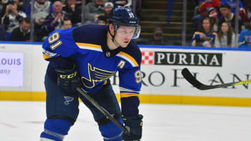 ST. LOUIS, MO - OCTOBER 30: St. Louis Blues right wing Vladimir Tarasenko (91) during a National Hockey League game between the Los Angeles Kings and the St. Louis Blues on October 30, 2017, at Scottrade Center, St. Louis, MO. (Photo by Keith Gillett/Icon Sportswire via Getty Images)