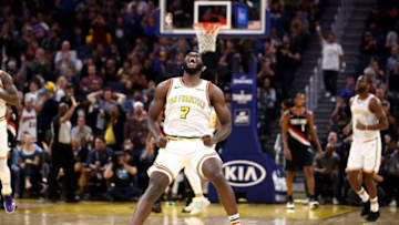 SAN FRANCISCO, CALIFORNIA - NOVEMBER 04: Eric Paschall #7 of the Golden State Warriors reacts during their game against the Portland Trail Blazers at Chase Center on November 04, 2019 in San Francisco, California. NOTE TO USER: User expressly acknowledges and agrees that, by downloading and or using this photograph, User is consenting to the terms and conditions of the Getty Images License Agreement. (Photo by Ezra Shaw/Getty Images)