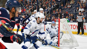 COLUMBUS, OH - OCTOBER 19: Goaltender Andrei Vasilevskiy #88 of the Tampa Bay Lightning defends the net against the Columbus Blue Jackets on October 19, 2017 at Nationwide Arena in Columbus, Ohio. (Photo by Jamie Sabau/NHLI via Getty Images)