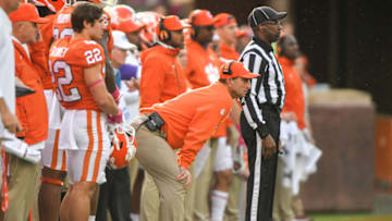 Oct 30, 2021; Clemson, South Carolina, USA; Clemson Tigers head coach Dabo Swinney looks on during the fourth quarter against the Florida State Seminoles at Memorial Stadium at Memorial Stadium. Mandatory Credit: Ken Ruinard-USA TODAY Sports.