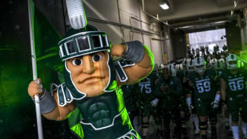 EAST LANSING, MICHIGAN - NOVEMBER 27: Sparty, mascot of the Michigan State Spartans, leads the team out before the game against the Penn State Nittany Lions at Spartan Stadium on November 27, 2021 in East Lansing, Michigan. (Photo by Nic Antaya/Getty Images)