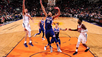 PHOENIX, AZ - JANUARY 2: Devin Booker #1 of the Phoenix Suns shoots the ball during the game against the Philadelphia 76ers on January 2, 2019 at Talking Stick Resort Arena in Phoenix, Arizona. NOTE TO USER: User expressly acknowledges and agrees that, by downloading and or using this photograph, user is consenting to the terms and conditions of the Getty Images License Agreement. Mandatory Copyright Notice: Copyright 2019 NBAE (Photo by Barry Gossage/NBAE via Getty Images)