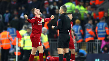 LIVERPOOL, ENGLAND - DECEMBER 11: Jordan Henderson of Liverpool celebrates after the UEFA Champions League Group C match between Liverpool and SSC Napoli at Anfield on December 11, 2018 in Liverpool, United Kingdom. (Photo by Clive Brunskill/Getty Images)