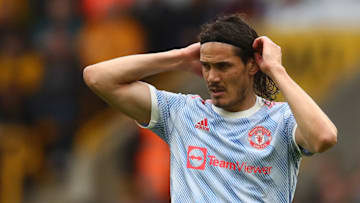 WOLVERHAMPTON, ENGLAND - AUGUST 29: Edinson Cavani of Manchester United looks on during the Premier League match between Wolverhampton Wanderers and Manchester United at Molineux on August 29, 2021 in Wolverhampton, England. (Photo by Chris Brunskill/Fantasista/Getty Images)