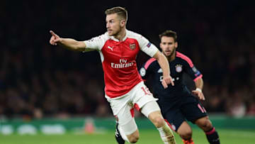 LONDON, ENGLAND - OCTOBER 20 : Aaron Ramsey (L) of Arsenal vies with Juan Bernat of FC Bayern Munich during the UEFA Champions League Group F match between Arsenal and Bayern Munich at Emirates Stadium in London, England on October 20, 2015. (Photo by Alex Broadway/Anadolu Agency/Getty Images)