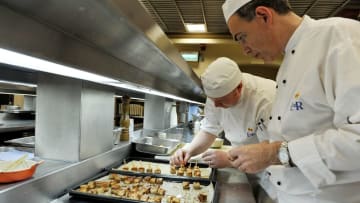Royal chefs prepare hors d'oeuvres in the Buckingham Palace kitchens.