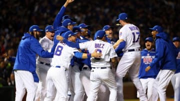 Oct 22, 2016; Chicago, IL, USA; The Chicago Cubs celebrate defeating the Los Angeles Dodgers in game six of the 2016 NLCS playoff baseball series at Wrigley Field. Cubs win 5-0 to advance to the World Series. Mandatory Credit: Jerry Lai-USA TODAY Sports
