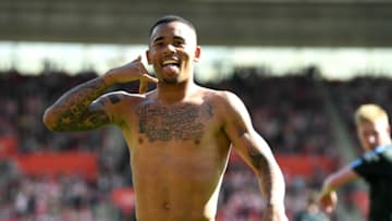 SOUTHAMPTON, ENGLAND - MAY 13: Gabriel Jesus of Manchester City celebrates scoring his sides first goal during the Premier League match between Southampton and Manchester City at St Mary's Stadium on May 13, 2018 in Southampton, England. (Photo by Mike Hewitt/Getty Images)
