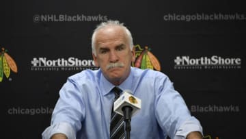 CHICAGO, IL - NOVEMBER 01: Chicago Blackhawks head coach Joel Quenneville talks to members of the media after the game between the Chicago Blackhawks and the Philadelphia Flyers on November 1, 2017, at the United Center in Chicago, IL. (Photo by Robin Alam/Icon Sportswire via Getty Images)