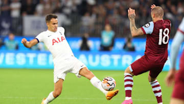 PERTH, AUSTRALIA - JULY 18: Sergio Reguilon of Tottenham reaches for the ball during the pre-season friendly match between Tottenham Hotspur and West Ham United at Optus Stadium on July 18, 2023 in Perth, Australia. (Photo by James Worsfold/Getty Images)