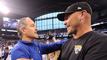 Nov 23, 2014; Indianapolis, IN, USA; Indianapolis Colts head coach Chuck Pagano shakes hands with Jacksonville Jaguars coach Gus Bradley after their game at Lucas Oil Stadium. Colts won, 23-3.Mandatory Credit: Thomas J. Russo-USA TODAY Sports