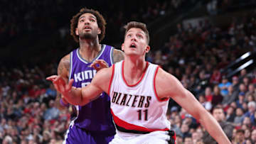 PORTLAND, OR - DECEMBER 28: Meyers Leonard #11 of the Portland Trail Blazers boxes out against the Sacramento Kings on December 28, 2016 at the Moda Center in Portland, Oregon. NOTE TO USER: User expressly acknowledges and agrees that, by downloading and or using this Photograph, user is consenting to the terms and conditions of the Getty Images License Agreement. Mandatory Copyright Notice: Copyright 2016 NBAE (Photo by Sam Forencich/NBAE via Getty Images)