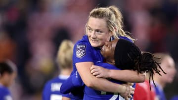 Erin Cuthbert and Kadeisha Buchanan of Chelsea celebrate (Photo by Nathan Stirk/Getty Images)