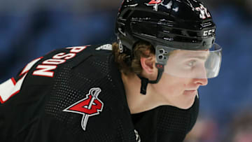 BUFFALO, NEW YORK - DECEMBER 13: Tage Thompson #72 of the Buffalo Sabres before the game against the Los Angeles Kings at KeyBank Center on December 13, 2022 in Buffalo, New York. (Photo by Joshua Bessex/Getty Images)
