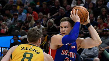 SALT LAKE CITY, UT - MARCH 13: Blake Griffin #23 of the Detroit Pistons looks to pass around Jonas Jerebko #8 of the Utah Jazz in the second half of a game at Vivint Smart Home Arena on March 13, 2018 in Salt Lake City, Utah. The Utah Jazz beat the Detroit Pistons 110-79. NOTE TO USER: User expressly acknowledges and agrees that, by downloading and or using this photograph, User is consenting to the terms and conditions of the Getty Images License Agreement. (Photo by Gene Sweeney Jr./Getty Images)