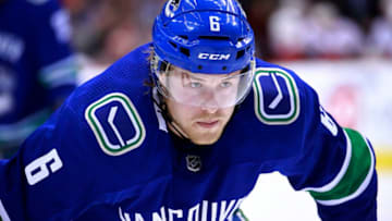 VANCOUVER, BC - MARCH 23: Brock Boeser #6 of the Vancouver Canucks waits for a face-off during their NHL game against the Calgary Flames at Rogers Arena March 23, 2019 in Vancouver, British Columbia, Canada. (Photo by Jeff Vinnick/NHLI via Getty Images)"n