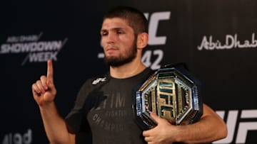 ABU DHABI, UNITED ARAB EMIRATES - SEPTEMBER 06: Khabib Nurmagomedov poses for a photo during a press conference after his UFC Lightweight Championship match against Dustin Poirier (not seen) at Yas Island in Abu Dhabi, United Arab Emirates on September 6, 2019. (Photo by Stringer/Anadolu Agency via Getty Images)