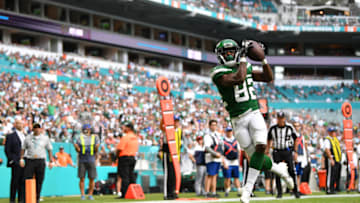 MIAMI, FLORIDA - NOVEMBER 03: Jamison Crowder #82 of the New York Jets catches a touchdown against the Miami Dolphins in the first quarter at Hard Rock Stadium on November 03, 2019 in Miami, Florida. (Photo by Mark Brown/Getty Images)