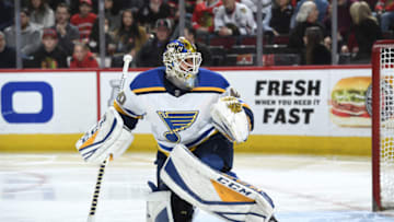 CHICAGO, IL - APRIL 06: Goalie Carter Hutton #40 of the St. Louis Blues guards the net in the third period against the Chicago Blackhawks at the United Center on April 6, 2018 in Chicago, Illinois. The St. Louis Blues defeated the Chicago Blackhawks 4-1. (Photo by Bill Smith/NHLI via Getty Images)