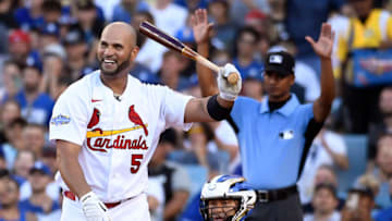 LOS ANGELES, CALIFORNIA - JULY 18: National League All-Start Albert Pujols #5 of the St. Louis Cardinals reacts while competing in the 2022 T-Mobile Home Run Derby at Dodger Stadium on July 18, 2022 in Los Angeles, California. (Photo by Kevork Djansezian/Getty Images)