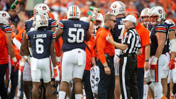 Auburn football head coach Bryan Harsin talks to an official as Auburn Tigers take on Penn State Nittany Lions at Jordan-Hare Stadium in Auburn, Ala., on Saturday, Sept. 17, 2022. Penn State Nittany Lions leads Auburn Tigers 14-6 at halftime.