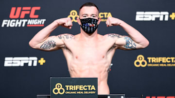 LAS VEGAS, NEVADA - SEPTEMBER 18: In this handout image provided by UFC,Colby Covington poses on the scale during the UFC Fight Night weigh-in at UFC APEX on September 18, 2020 in Las Vegas, Nevada. (Photo by Chris Unger/Zuffa LLC via Getty Images)