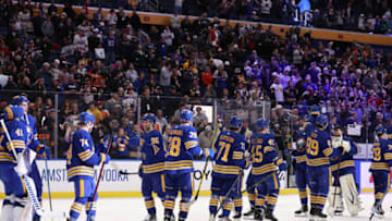 Apr 16, 2022; Buffalo, New York, USA; The Buffalo Sabres celebrate a win over the Philadelphia Flyers at KeyBank Center. Mandatory Credit: Timothy T. Ludwig-USA TODAY Sports