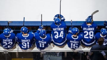 TORONTO, ON - MARCH 25: Nikita Zaitsev #22, John Tavares #91, Zach Hyman #11, Auston Matthews #34, Mitch Marner #16, William Nylander #29, and Andreas Johnsson #18 of the Toronto Maple Leafs sit on the bench while playing the Florida Panthers during the first period at the Scotiabank Arena on March 25, 2019 in Toronto, Ontario, Canada. (Photo by Mark Blinch/NHLI via Getty Images)