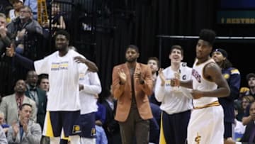 Feb 27, 2015; Indianapolis, IN, USA; From left to right Indiana Pacers center Roy Hibbert, forwards Paul George and Damjan Rudez (9) react during a game against the Cleveland Cavaliers at Bankers Life Fieldhouse. Indiana defeats Cleveland 93-86. Mandatory Credit: Brian Spurlock-USA TODAY Sports