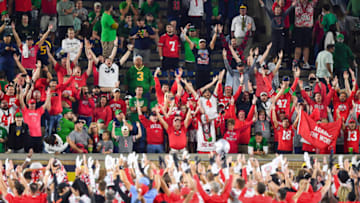 Sep 23, 2023; South Bend, Indiana, USA; Ohio State fans celebrate with the team after the Ohio State Buckeyes defeated the Notre Dame Fighting Irish 17-14 at Notre Dame Stadium. Mandatory Credit: Matt Cashore-USA TODAY Sports