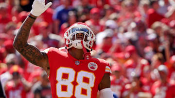 Sep 26, 2021; Kansas City, Missouri, USA; Kansas City Chiefs tight end Jody Fortson (88) celebrates after scoring against the Los Angeles Chargers during the second half at GEHA Field at Arrowhead Stadium. Mandatory Credit: Denny Medley-USA TODAY Sports