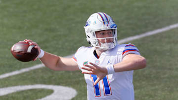 NASHVILLE, TENNESSEE - NOVEMBER 21: Quarterback Kyle Trask #11 of the Florida Gators warms up prior to a game against the Vanderbilt Commodores at Vanderbilt Stadium on November 21, 2020 in Nashville, Tennessee. (Photo by Frederick Breedon/Getty Images)