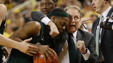 ANN ARBOR, MICHIGAN - FEBRUARY 24: Cassius Winston #5 of the Michigan State Spartans and head coach Tom Izzo react while playing the Michigan Wolverines at Crisler Arena on February 24, 2019 in Ann Arbor, Michigan. Michigan State won the game 77-70. (Photo by Gregory Shamus/Getty Images)