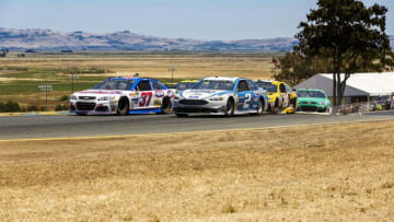 SONOMA, CA - JUNE 25: Field at turn 2 after a restart during the Monster Energy NASCAR Cup Toyota/Save Mart 350 race held at Sonoma Raceway, CA on June 23-25, 2017. Kevin Harvick (4) won the 110 lap race. (Photo by Allan Hamilton/Icon Sportswire via Getty Images)