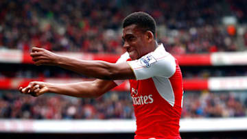 LONDON, ENGLAND - APRIL 02: Alex Iwobi of Arsenal celebrates scoring his team's second goal during the Barclays Premier League match between Arsenal and Watford at Emirates Stadium on April 2, 2016 in London, England. (Photo by Julian Finney/Getty Images)