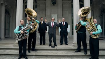 Painkiller. (L to R) John Rothman as Mortimer Sackler, Matthew Broderick as Richard Sackler, Sam Anderson as Raymond Sackler in episode 103 of Painkiller. Cr. Keri Anderson/Netflix © 2023