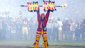 Nov 26, 2016; Tallahassee, FL, USA; Florida State Seminoles Chief Osceola holds his spear above his head before the game against the Florida Gators at Doak Campbell Stadium. Mandatory Credit: Melina Vastola-USA TODAY Sports