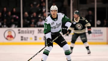 CEDAR PARK, TX - OCTOBER 19: Texas Stars forward Joel L'Esperance (11) readies for a play during 5 - 4 win over the Iowa Wild on October 19, 2018, at the HEB Center in Cedar Park, TX. (Photo by John Rivera/Icon Sportswire via Getty Images)